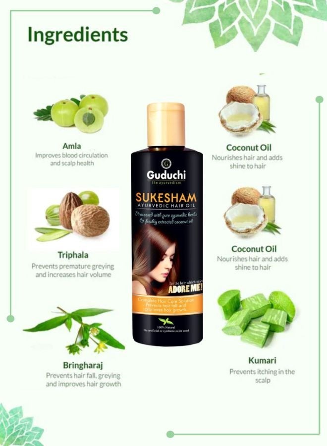 Guduchi Ayurvedic Sukesham Anti Hair Fall Oil | with Pure Ayurvedic Herbs and Coconut Oil | Controls Hair Fall and promotes Hair Growth - 200ml - Image 3