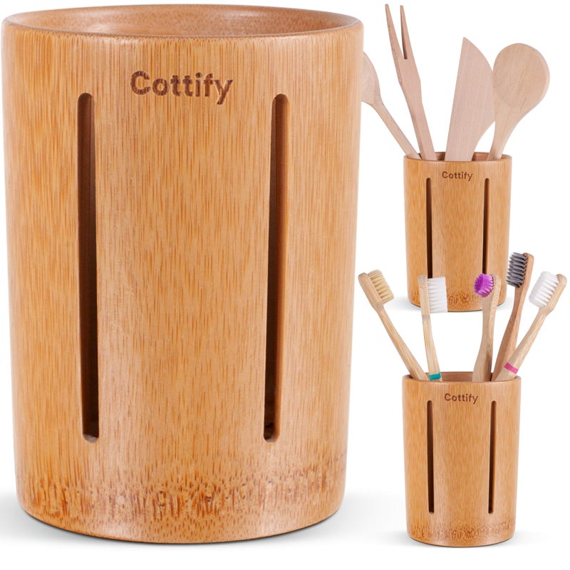 Cottify Bamboo Toothbrush Holder with Drainage Quick Drying Bathroom Cup Holder Toothpaste Holder Wood Toothbrush Drainer Stripes Glossy