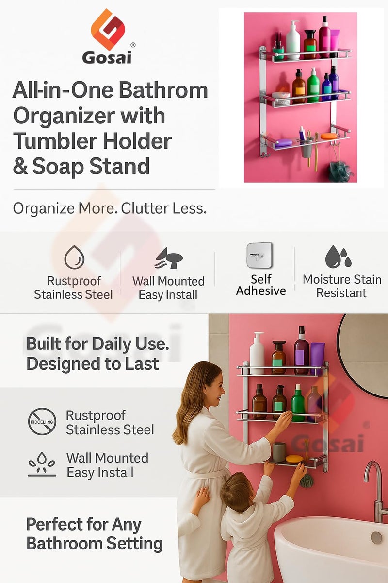 GOSAI Stainless Steel Self-Adhesive or Wall Mount 3 Layer Bathroom Shelf Organizer Multipurpose Shelf Rack | Soap Dish & Tumbler Holder | Bathroom Accessories Set | Bathroom Wall Shelf 16x5x17 inch - Image 5