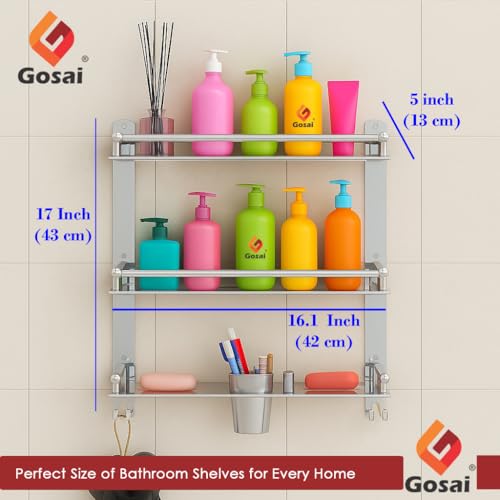 GOSAI Stainless Steel Self-Adhesive or Wall Mount 3 Layer Bathroom Shelf Organizer Multipurpose Shelf Rack | Soap Dish & Tumbler Holder | Bathroom Accessories Set | Bathroom Wall Shelf 16x5x17 inch - Image 3