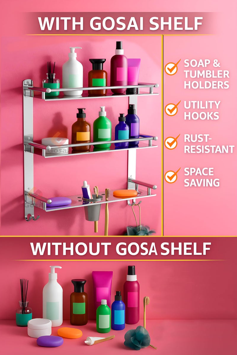 GOSAI Stainless Steel Self-Adhesive or Wall Mount 3 Layer Bathroom Shelf Organizer Multipurpose Shelf Rack | Soap Dish & Tumbler Holder | Bathroom Accessories Set | Bathroom Wall Shelf 16x5x17 inch - Image 4