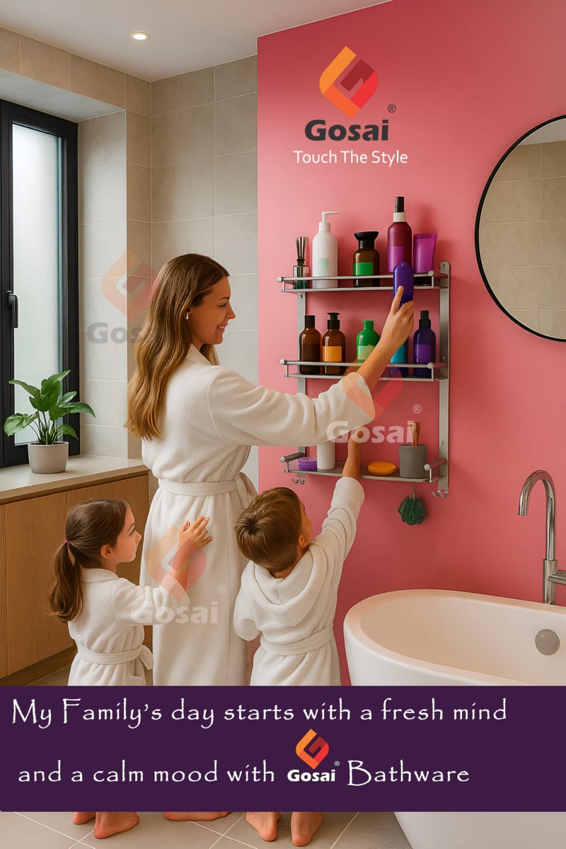 GOSAI Stainless Steel Self-Adhesive or Wall Mount 3 Layer Bathroom Shelf Organizer Multipurpose Shelf Rack | Soap Dish & Tumbler Holder | Bathroom Accessories Set | Bathroom Wall Shelf 16x5x17 inch - Image 2