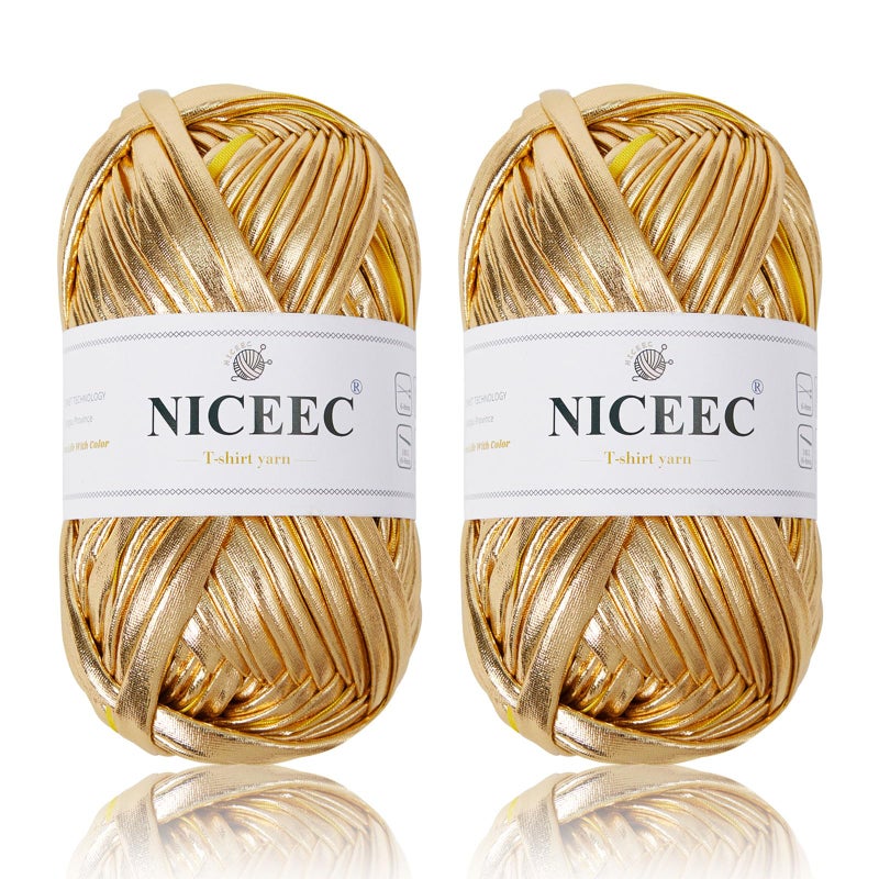 NICEEC 2 Skeins Metal TShirt Yarn Bright Glossy Crochet Knitting Fabric Cloth Yarn with SingleSide Color Handmade DIY Craft Bag Basket CushionTotle Length 64yds71oz Gold