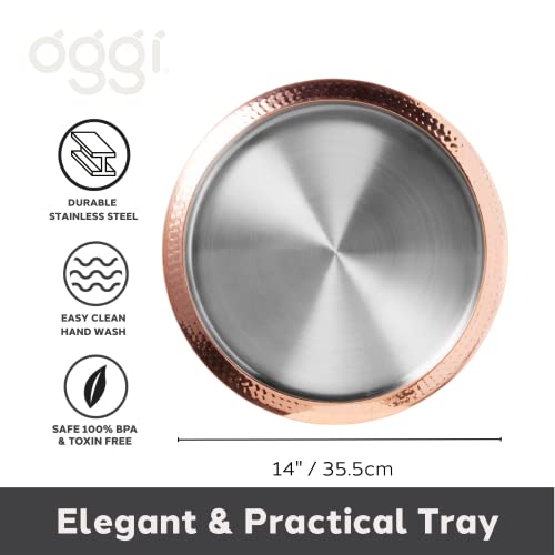 OGGI Round Stainless Steel Tray with Copper Rim 14" - Ideal for Coffee Table, Decorative, Tea and Bar Serving - Image 2