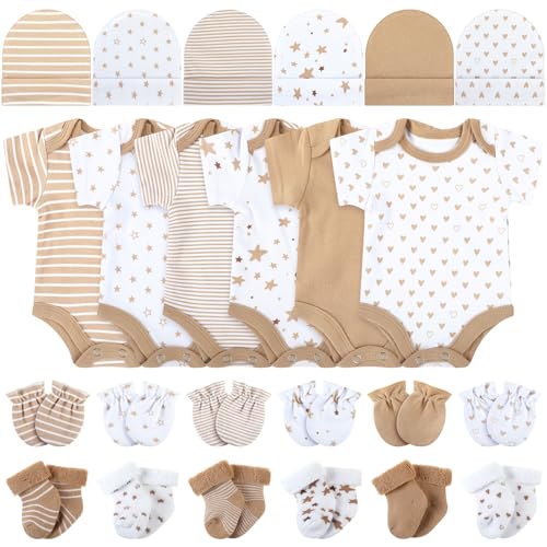 Zoooyawn 6 Set Preemie Newborn Layette Set Premature Newborn Clothes Baby Bodysuit Outfit for Nicu Baby GiftPreemieClassic StyleKhaki and White - Image 1