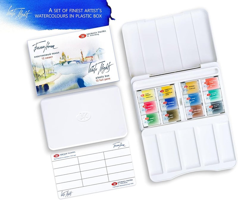 White Nights Watercolour Set - 12 Whole Pans in Plastic Box for Artists - Image 2
