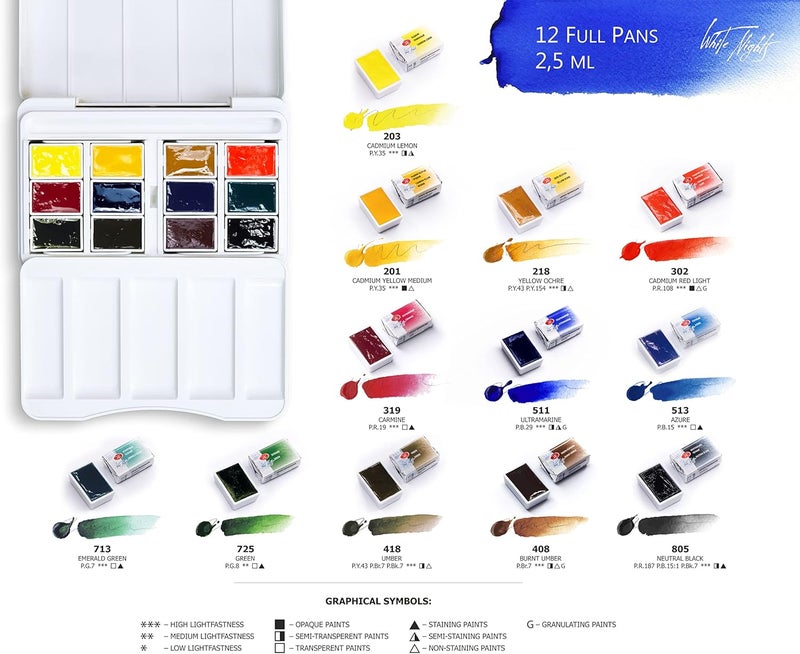 White Nights Watercolour Set - 12 Whole Pans in Plastic Box for Artists - Image 5