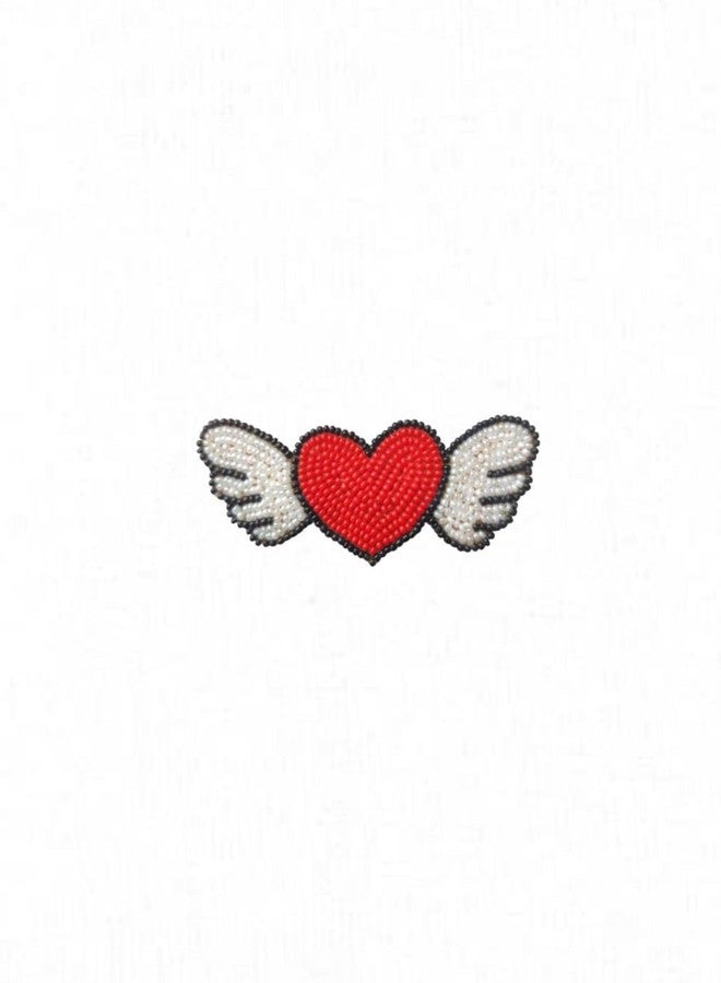 Abeo Wings of Heart Beaded Brooch Pin, Red and White, Handmade Unisex Fashion Accessory, 10g - Image 1