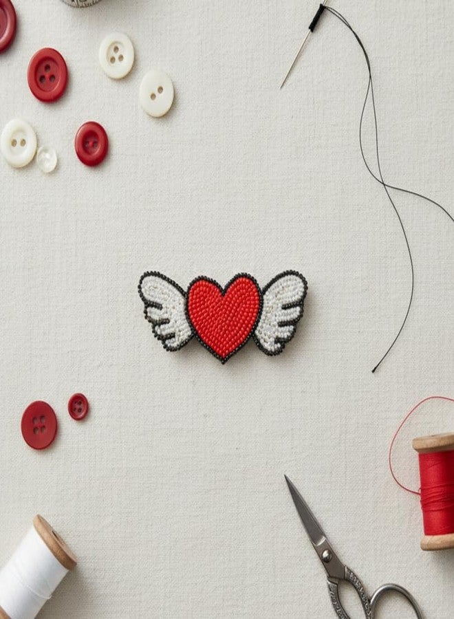 Abeo Wings of Heart Beaded Brooch Pin, Red and White, Handmade Unisex Fashion Accessory, 10g - Image 5