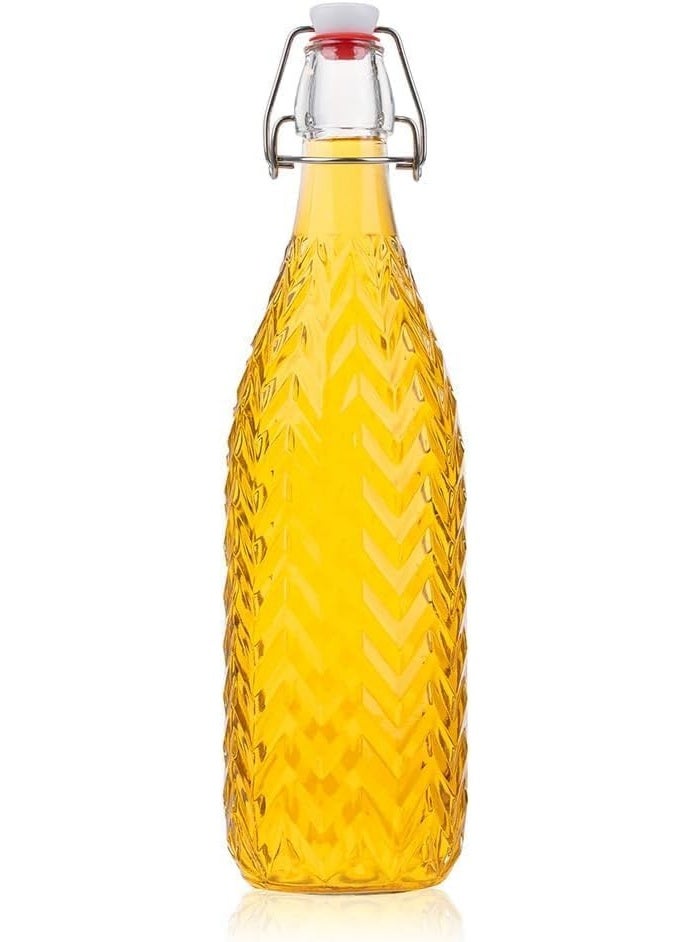 KITCHENOO Click to see full view Glass Water Bottle with Swing Top Lid, Ribbed Design, 1L Capacity - Image 1