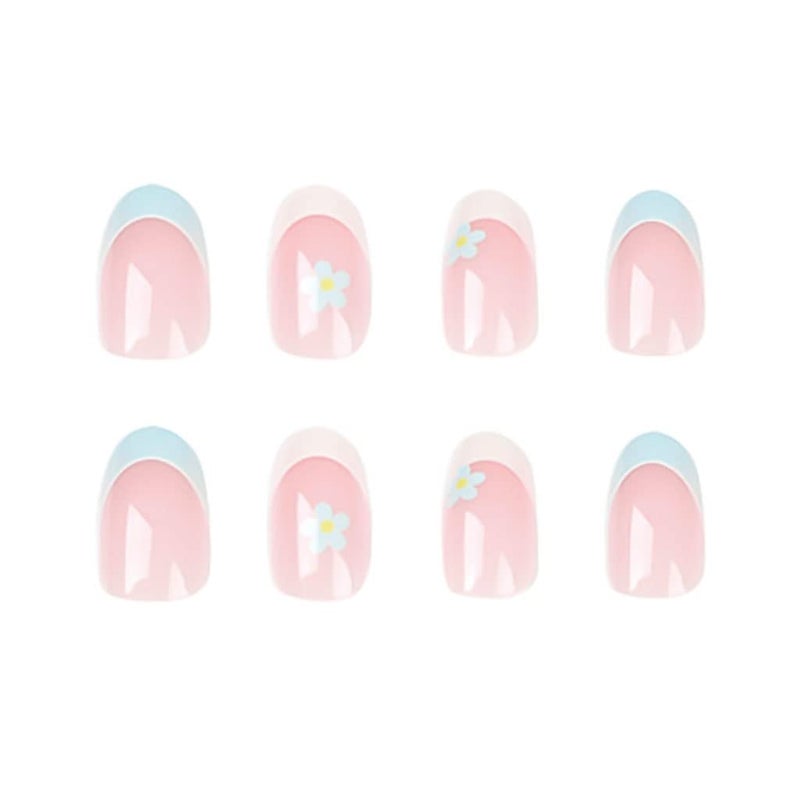RikView French Tip Press on Nails Medium Fake Nails White Stick on Nails with Flowers Design Almond Blue Nails for Women - Image 2