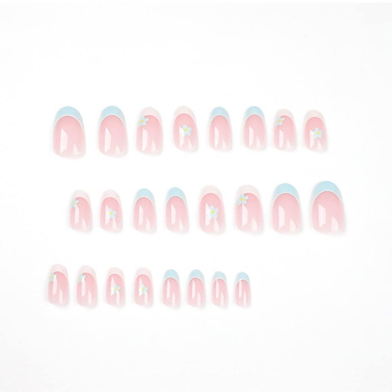 RikView French Tip Press on Nails Medium Fake Nails White Stick on Nails with Flowers Design Almond Blue Nails for Women - Image 4