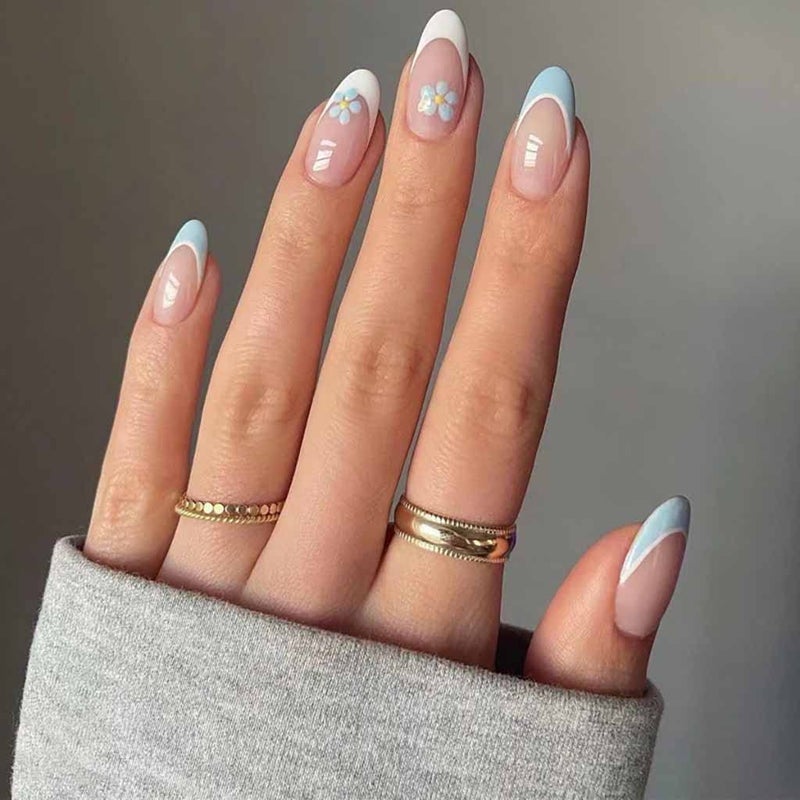 RikView French Tip Press on Nails Medium Fake Nails White Stick on Nails with Flowers Design Almond Blue Nails for Women - Image 1