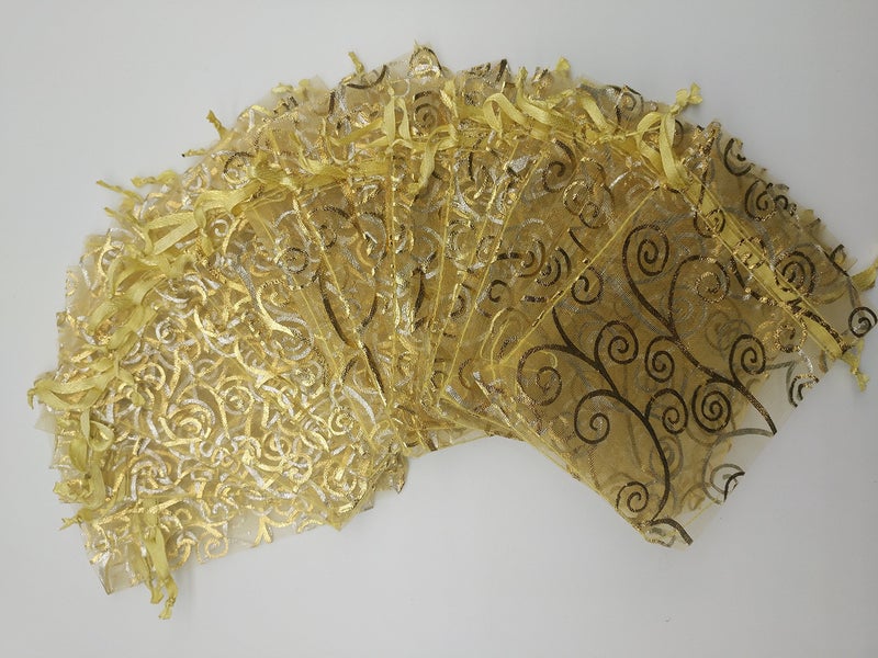 Ankirol 100pcs Sheer Organza Favor Bags For Wedding Baby Shower Rattan Print Gift Bags Samples Display Drawstring Pouches (4x6 inch, gold) - Image 3
