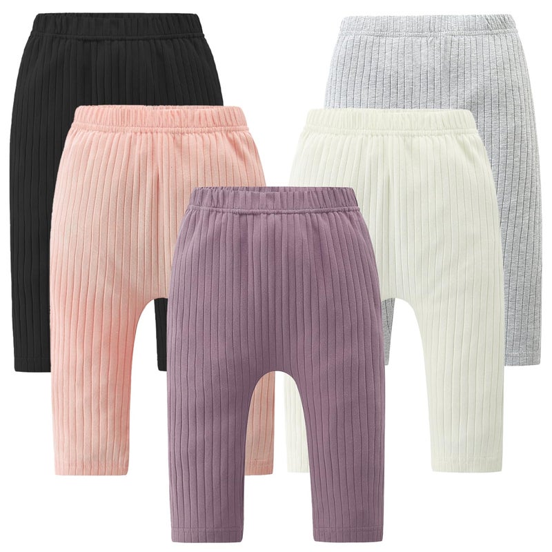 Fullfamous Infant Baby Girl's Pants Clothes Cotton Ribbed 5 Pack Clothing Outfit Leggings,Black/White/Grey Marl/Pink/Purple 12-18 Months - Image 1