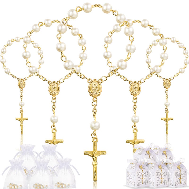 50 Packs Baptism Favors Set Acrylic Baptism Rosary Beads Faux Pearls with Organza Bags Recuerdo De Boda Y Bautizo for Christening Party FavorsGold Pearl Bracelet