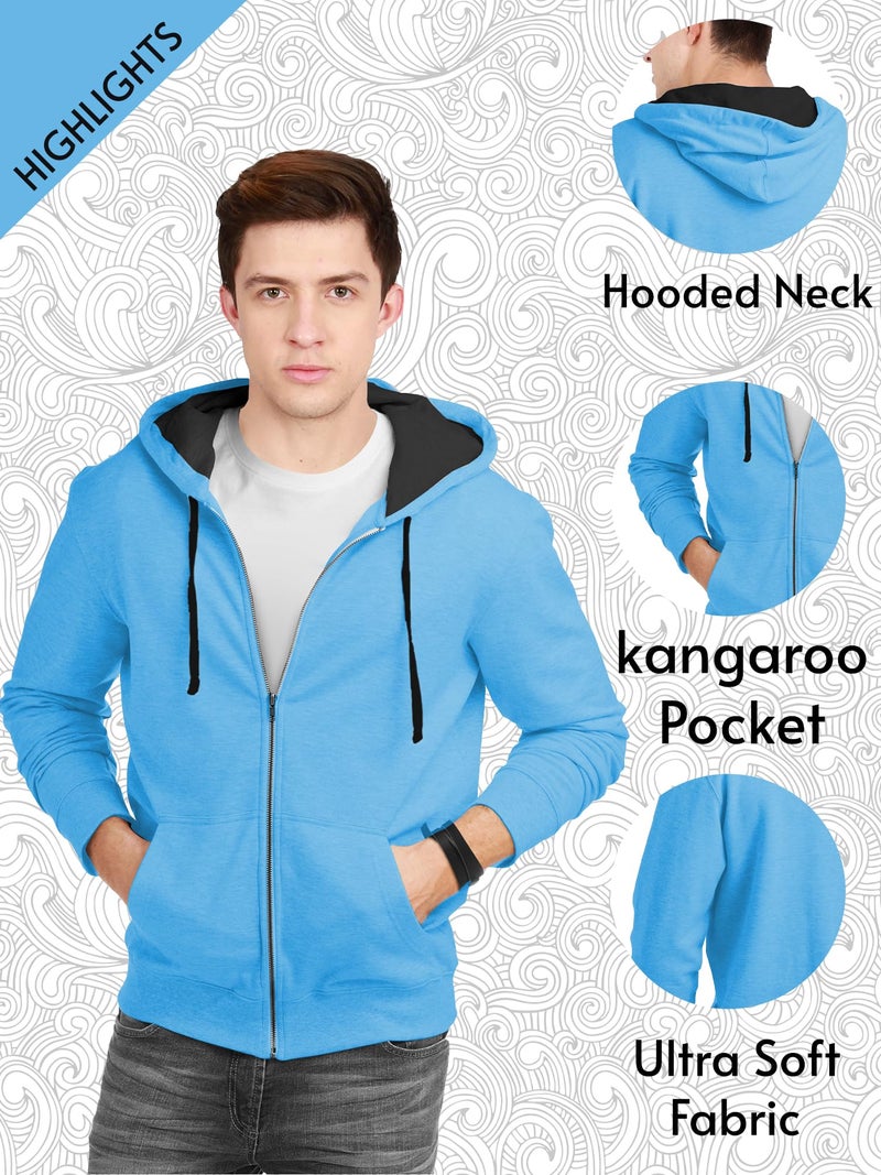 fanideaz Cotton Hooded Sweatshirt With Zip For Mens_Skyblue_M, Regular Fit - Image 3
