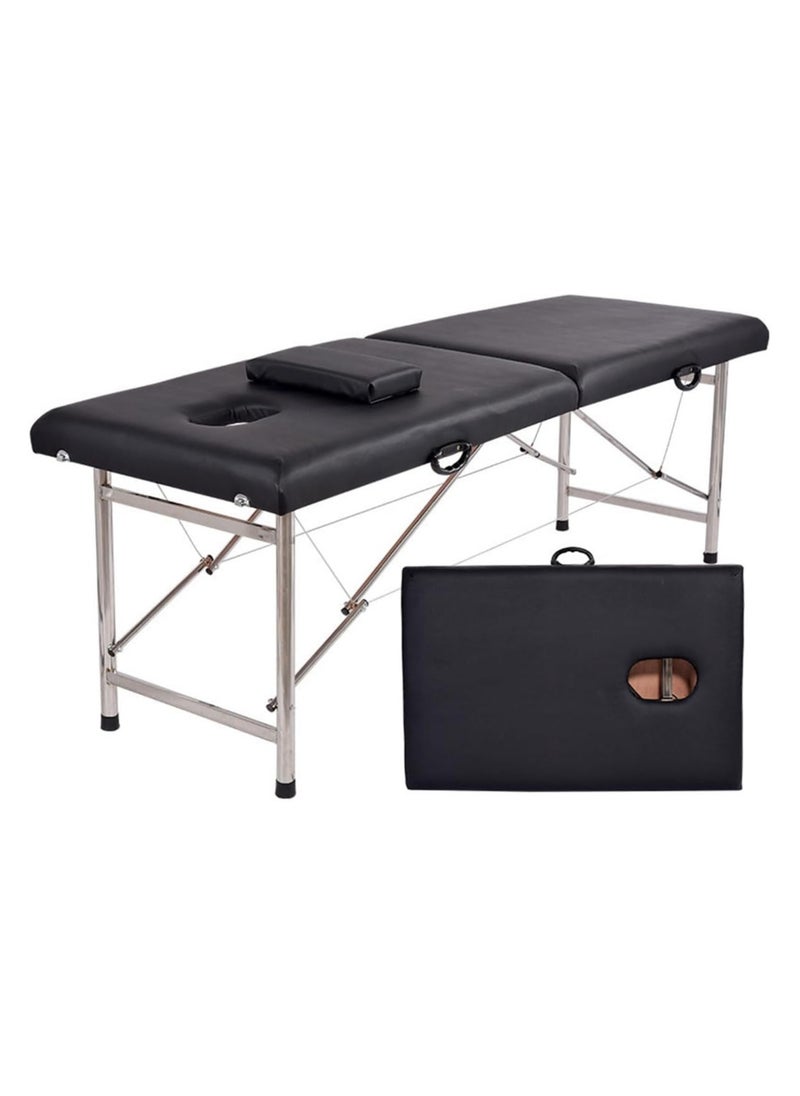 brunson Portable Massage Bed Foldable Massage Tables with Pillow SPA Bed with Stainless Steel Frame 2 Fold Black for SPA Salon Tattoo Massage Therapeutic Treatment Massage Table Adjustable Table 180cm Long 70cm Wide 2 Fold PU Portable Salon Massage Bed  - Image 1