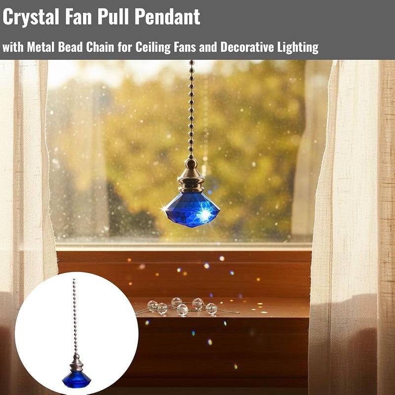 Blue Crystal Fan Pull Pendant with Metal Bead Chain 50cm for Indoor Outdoor Ceiling Fan - Image 3