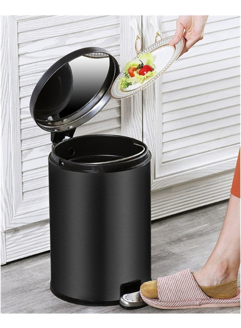 8L Trash Can, Brushed Stainless Steel Dustbin, Round Trash Bin With Soft-Close Foot Pedal, Smudge Resistant Dust Bin for Kitchen Bathroom Bedroom Living Room (8L-Black)  - Image 1