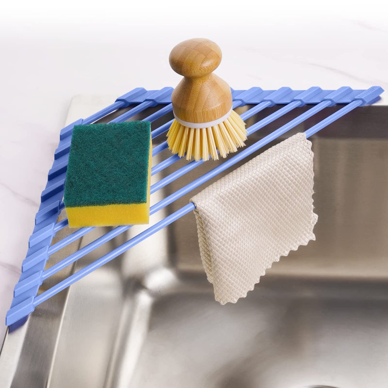 Tomorotec Compact Silicone-Coated Triangle Dish Drying Rack for Sink Corner - Foldable Stainless Steel Over-The-Sink Organizer and Storage Shelf (Blue) - Image 1