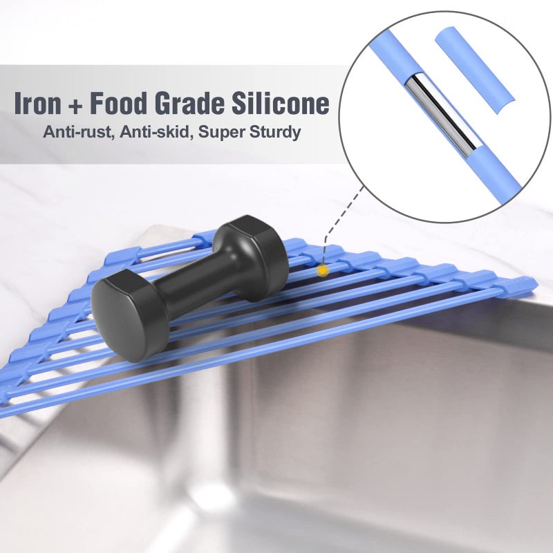 Tomorotec Compact Silicone-Coated Triangle Dish Drying Rack for Sink Corner - Foldable Stainless Steel Over-The-Sink Organizer and Storage Shelf (Blue) - Image 3