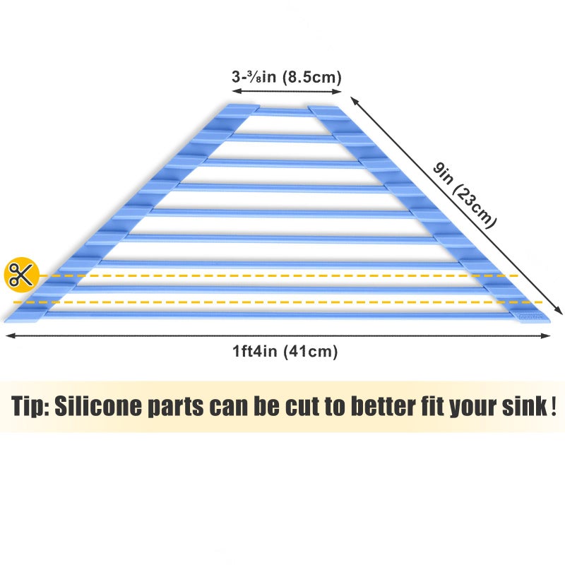 Tomorotec Compact Silicone-Coated Triangle Dish Drying Rack for Sink Corner - Foldable Stainless Steel Over-The-Sink Organizer and Storage Shelf (Blue) - Image 4