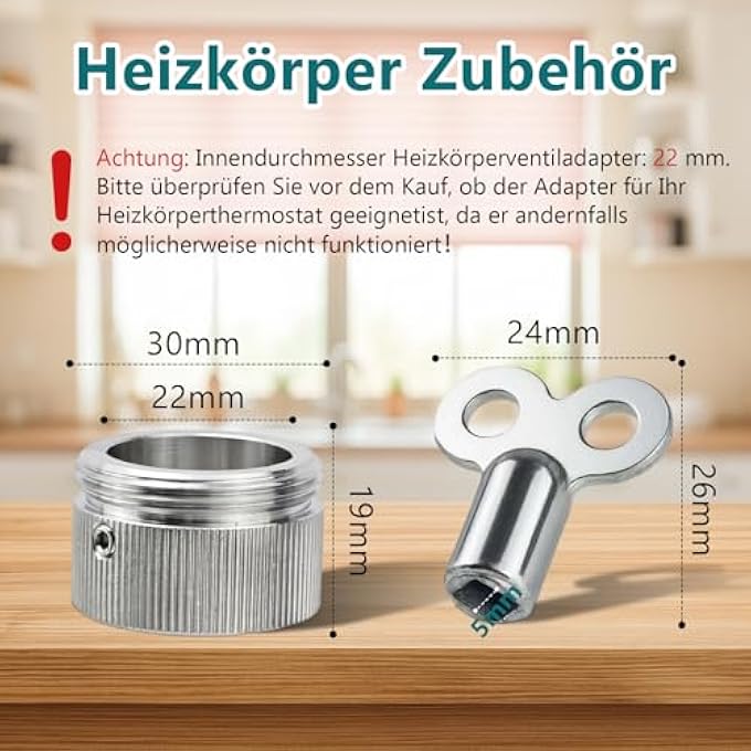 3PCS M30 X 1.5 304 STAINLESS STEEL RADIATOR THERMOSTAT ADAPTER WITH 2PCS BLEED KEYS FOR HEATING VALVE, INNER DIAMETER 22 MM HEATING THERMOSTAT HEAD WITH HEX KEY - Image 3