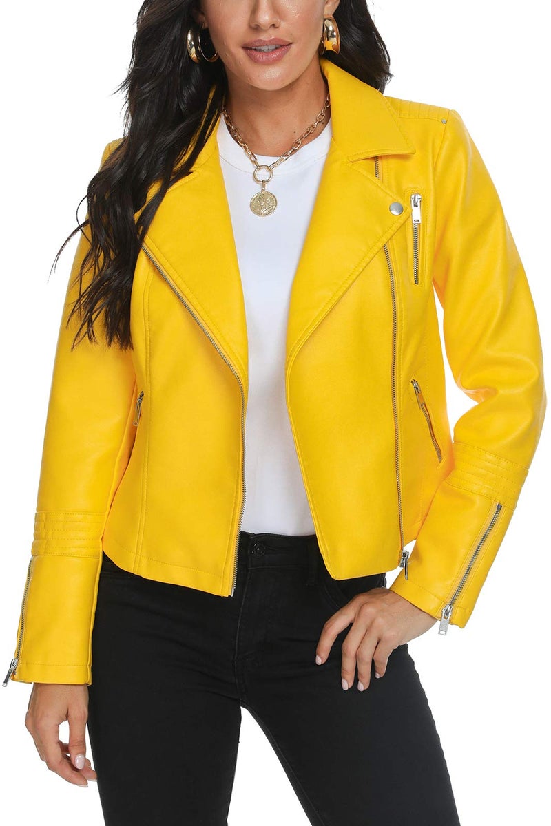 Fahsyee Womens Yellow Leather Jackets Faux Motorcycle Bomber Moto Biker Plus Size Coat Short Lightweight Vegan Pleather Fashion M