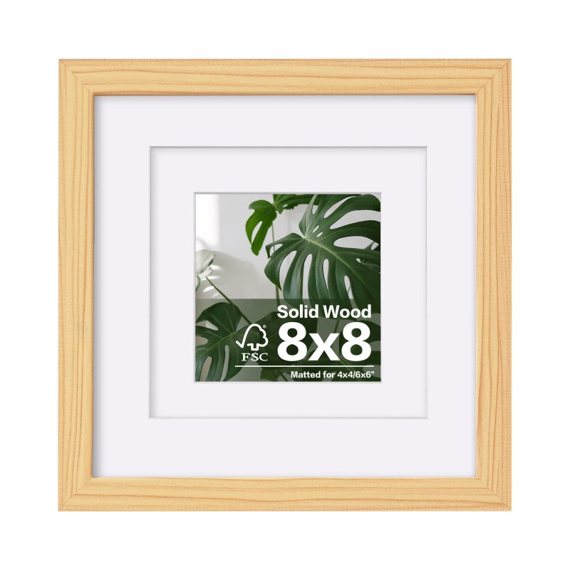 Egofine 8x8 Picture Frame Natural Wood Made of Solid Wood with Plexiglass Display Pictures 4x46x6 with Mat or 8x8 Without Mat for Tabletop and Wall Mounting