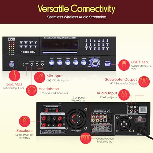 Pyle 4 Channel Bluetooth Home Amplifier - Front Loading DVD/CD Player - 3000W Peak Stereo Receiver - 2 Mic Inputs w/ Echo, FM Radio,Optical In,USB,RCA,Composite, LED Level Meter, Rack Mount - PD3000BA - Image 3