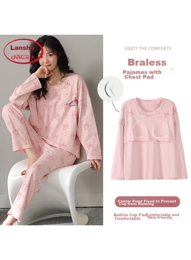 LANG SHA Langsha Women's Pajamas, Spring And Summer Long-sleeve Pure Cotton With Chest Pads, Wearable Outside, Home Loungewear Set, Pink Bow Tie, Xxl - Image 1