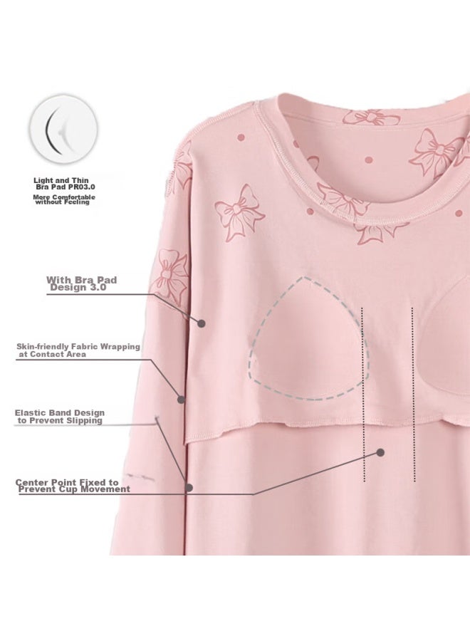 LANG SHA Langsha Women's Pajamas, Spring And Summer Long-sleeve Pure Cotton With Chest Pads, Wearable Outside, Home Loungewear Set, Pink Bow Tie, Xxl - Image 3