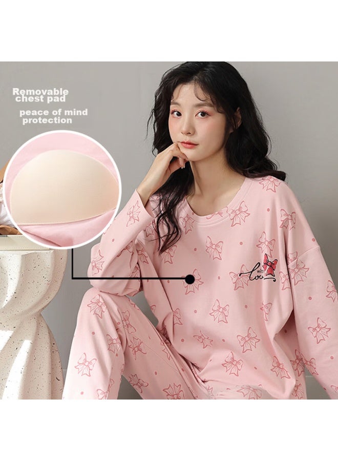 LANG SHA Langsha Women's Pajamas, Spring And Summer Long-sleeve Pure Cotton With Chest Pads, Wearable Outside, Home Loungewear Set, Pink Bow Tie, Xxl - Image 2