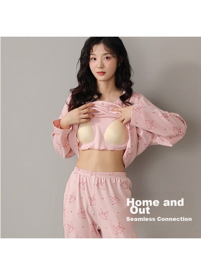 LANG SHA Langsha Women's Pajamas, Spring And Summer Long-sleeve Pure Cotton With Chest Pads, Wearable Outside, Home Loungewear Set, Pink Bow Tie, Xxl - Image 5