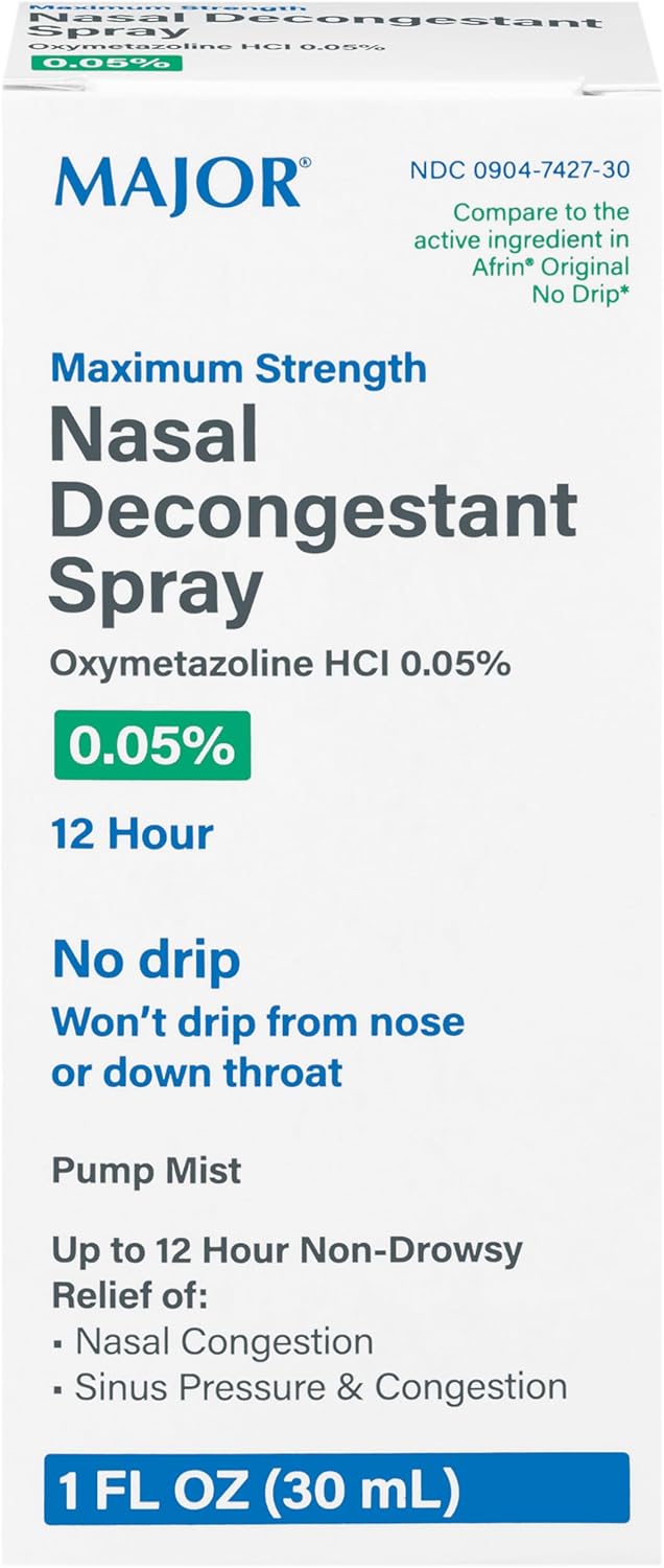 بخاخ مزيل احتقان الأنف MAJOR لمدة 12 ساعة - أوكسي ميتازولين هيدروكلوريد 0.05% بخاخ أنف للبالغين والأطفال - بخاخ رذاذ مهدئ للبرد، الحساسية، احتقان الأنف، وتخفيف الجيوب الأنفية - 1 أونصة سائلة.