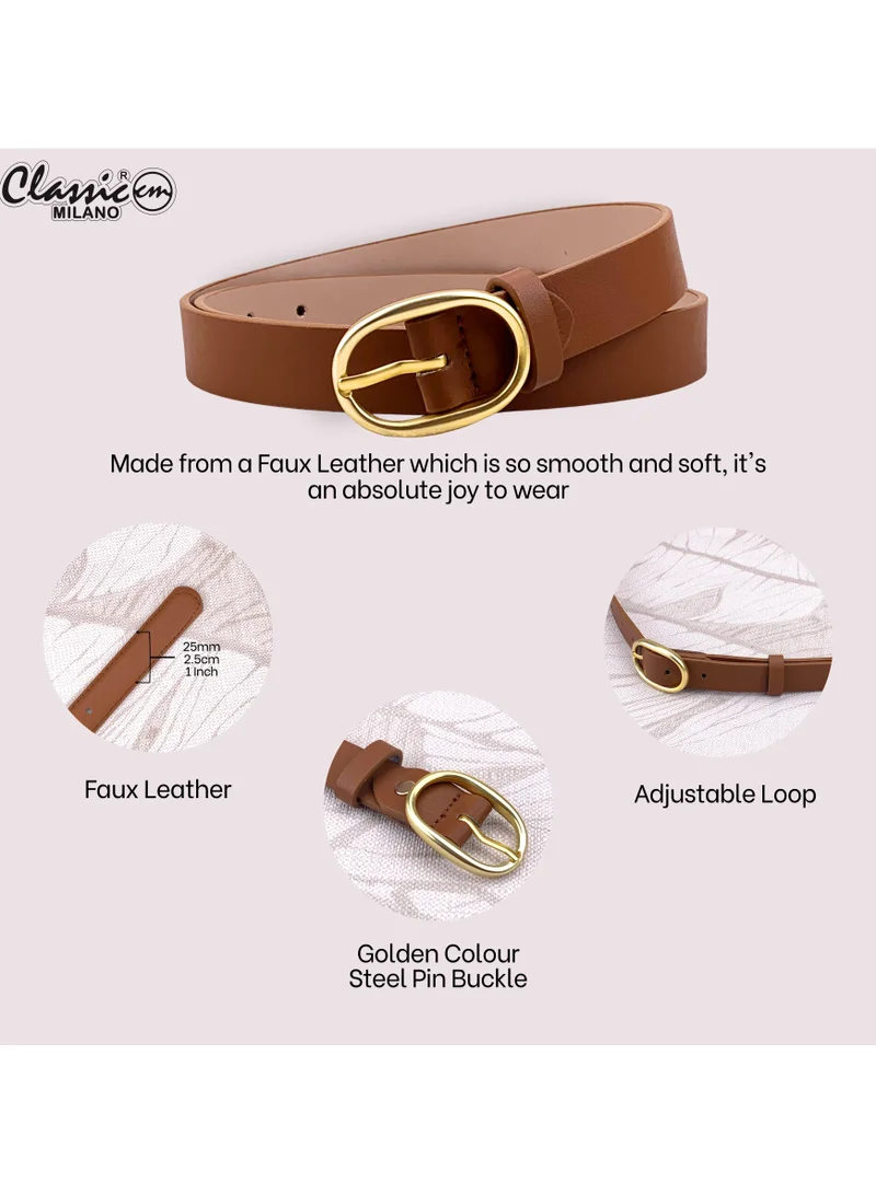 Classic Milano Tan (SGPU20) Classic Milano Women's Belt with Gift Box; Faux Leather Ladies Belt for Dresses, Jeans & Gowns; Stylish Womens Belt; Adjustable Girls Belt; Belt for Women | Full Length: 110 CM (Free Size - Fits up to the waist of 40 Inches / 100 CM) for Women | Best Price UAE