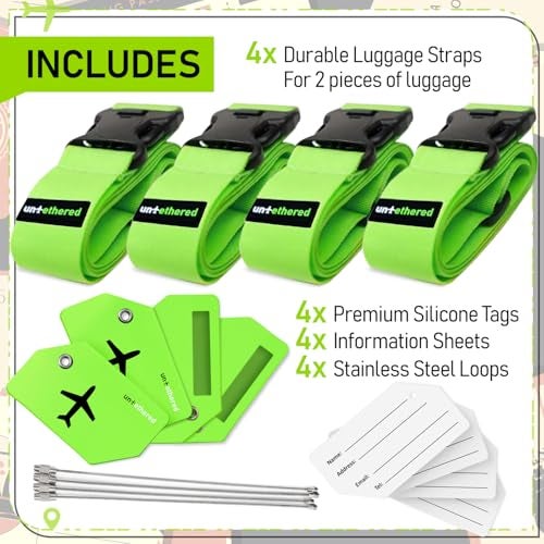 Untethered Ultimate Travel Set: 4 Premium Luggage Straps and 4 Silicone Tags - Secure & Identify Your Bags with Ease (Green + Tags) - Image 3