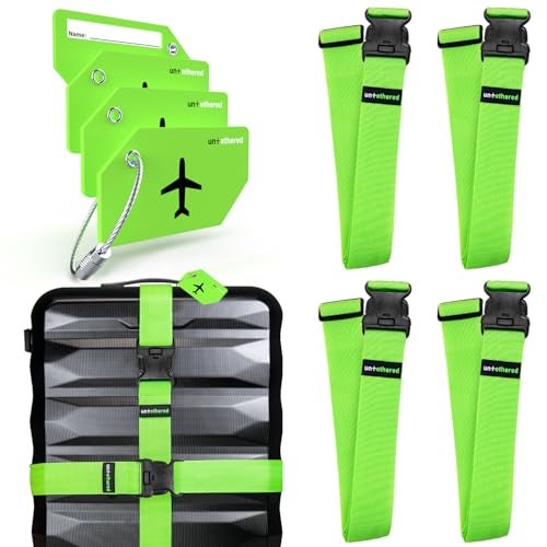 Untethered Ultimate Travel Set: 4 Premium Luggage Straps and 4 Silicone Tags - Secure & Identify Your Bags with Ease (Green + Tags) - Image 1