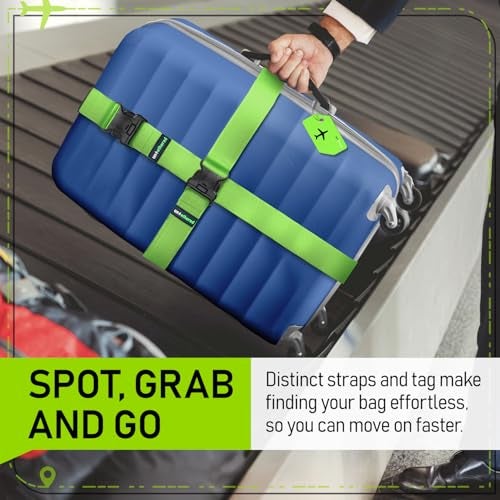Untethered Ultimate Travel Set: 4 Premium Luggage Straps and 4 Silicone Tags - Secure & Identify Your Bags with Ease (Green + Tags) - Image 4