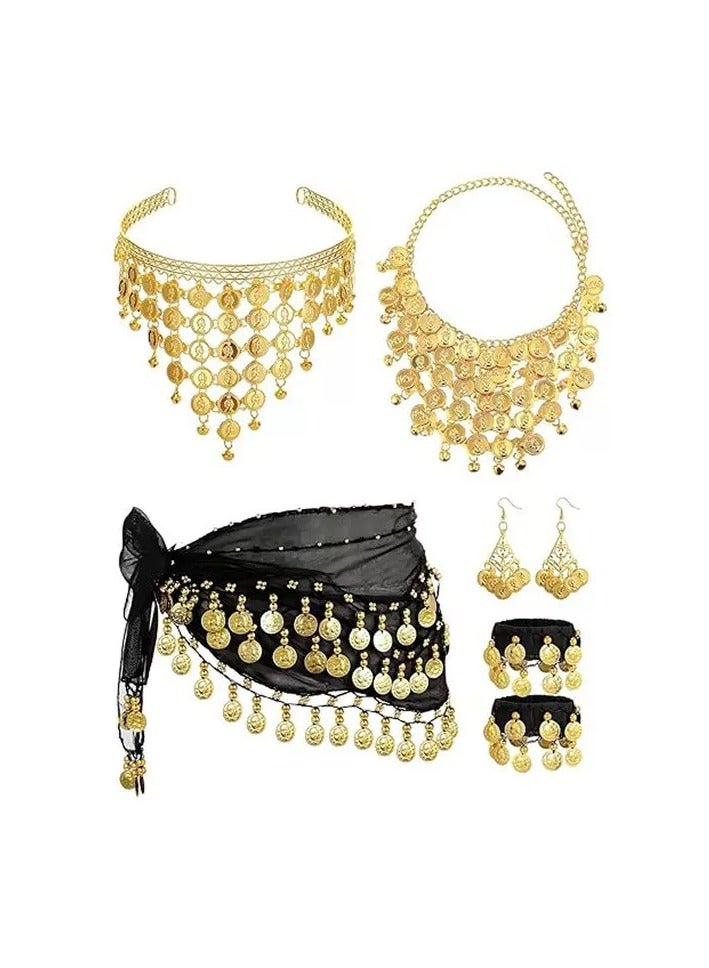 حزام رقص شرقي على الطراز البوهيمي وشاح حزام خصر مع قلادة من العملات الذهبية وسوار وأقراط أسود 10+ سنوات