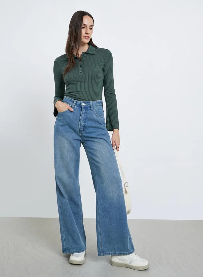 ستايلي Styli Fitted Ribbed Long Sleeve Polo T-Shirt