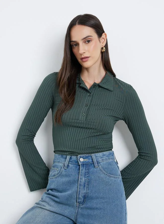 Fitted Ribbed Long Sleeve Polo T-Shirt