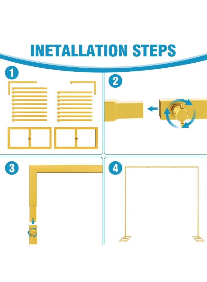 حامل خلفية 8 قدم × 8 قدم ثقيل مع قاعدة، حامل خلفية ذهبي محمول قابل للتعديل مع أنابيب وستائر، مجموعة إطار قوس معدني مربع لحفلات الزفاف أعياد الميلاد زينات الحفلات - Image 4