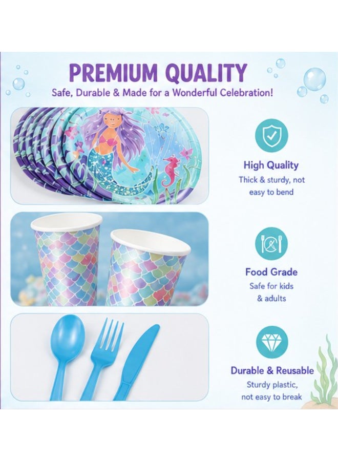 Kidzilla 96 PCS Mermaid Birthday Party Supplies Kit for Girls – Under the Sea Party Decorations Set with Banner, Plates, Cups, Napkins, Hats, Masks, Loot Bags, Tablecloth & Party Favors - Image 3