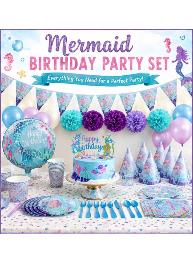 Kidzilla 96 PCS Mermaid Birthday Party Supplies Kit for Girls – Under the Sea Party Decorations Set with Banner, Plates, Cups, Napkins, Hats, Masks, Loot Bags, Tablecloth & Party Favors - Image 1