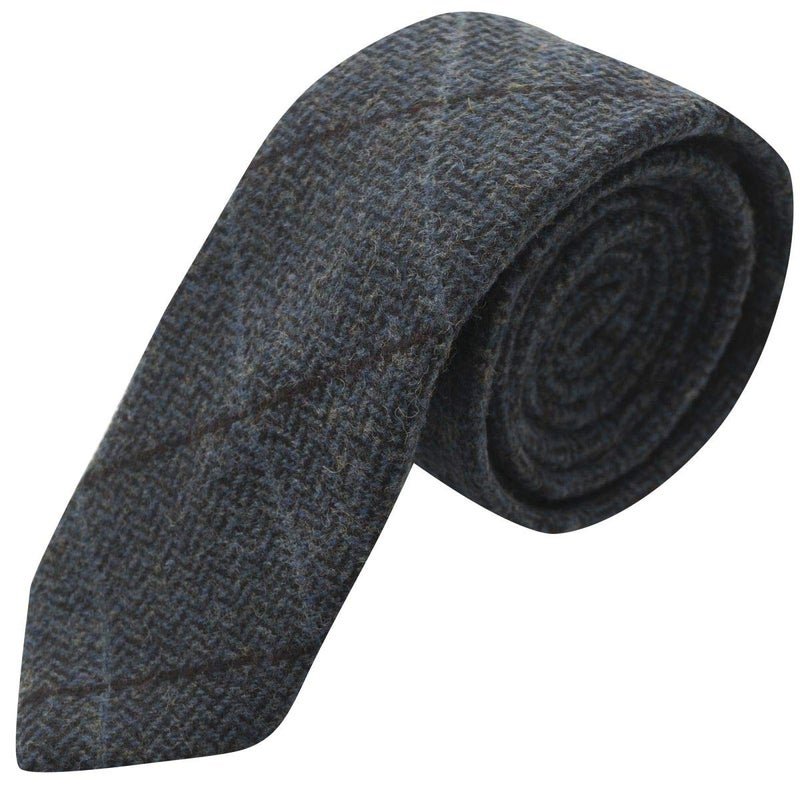 King & Priory Luxury Aegean Blue Herringbone Check Necktie, Tweed - Image 4