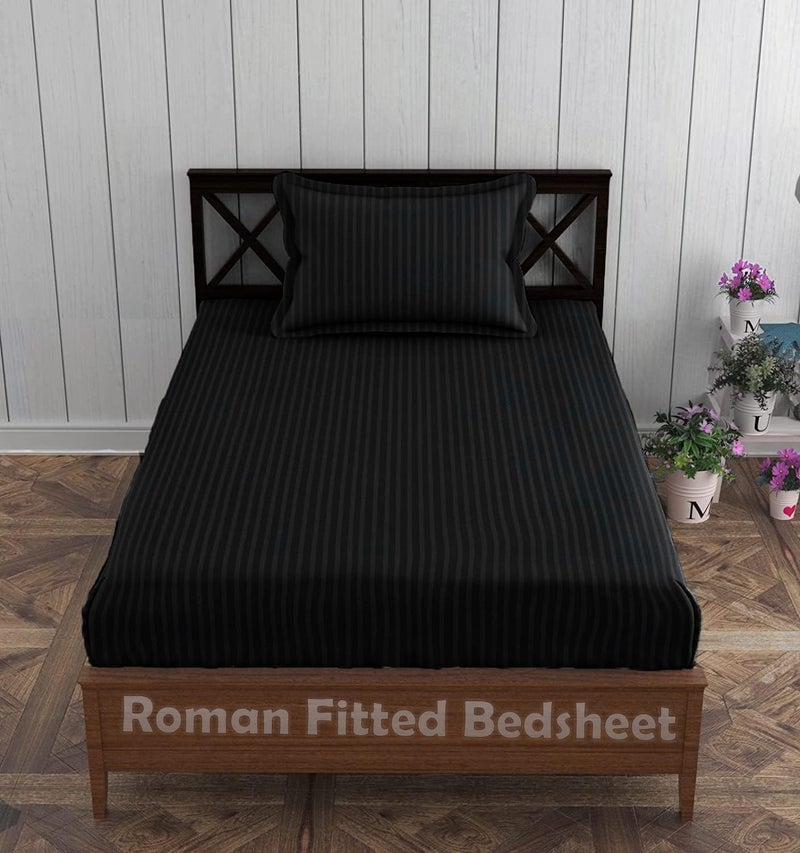 Roman 300 TC Glace Cotton Satin Stripes Elastic Fitted Plain Single Bedsheet with one Pillow Covers Size 60 90 inchBlack - Image 1