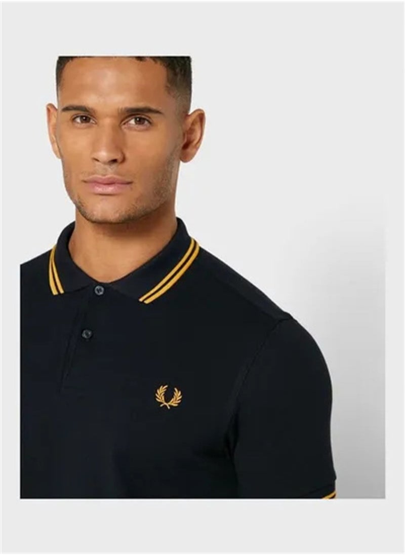 FRED PERRY - Essential Logo Printed Polo Shirt Black/Yellow - Image 1