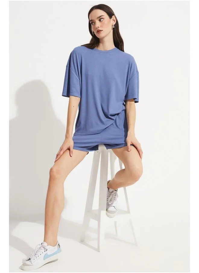 JUNE June Women Viscose Blend Camisole T-Shirt & Short Knitted Set Blue